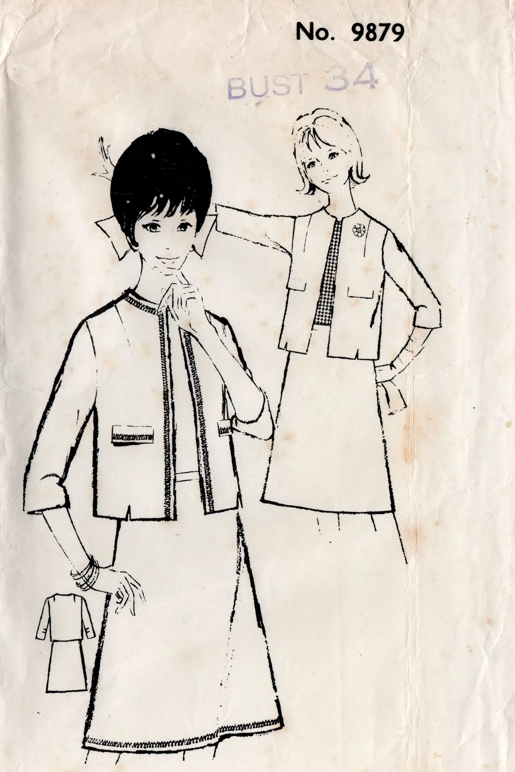 Mail Order 9879 Womens MOD Skirt Suit 1960s Vintage Sewing Pattern Bust 34 inches UNUSED Factory Folded