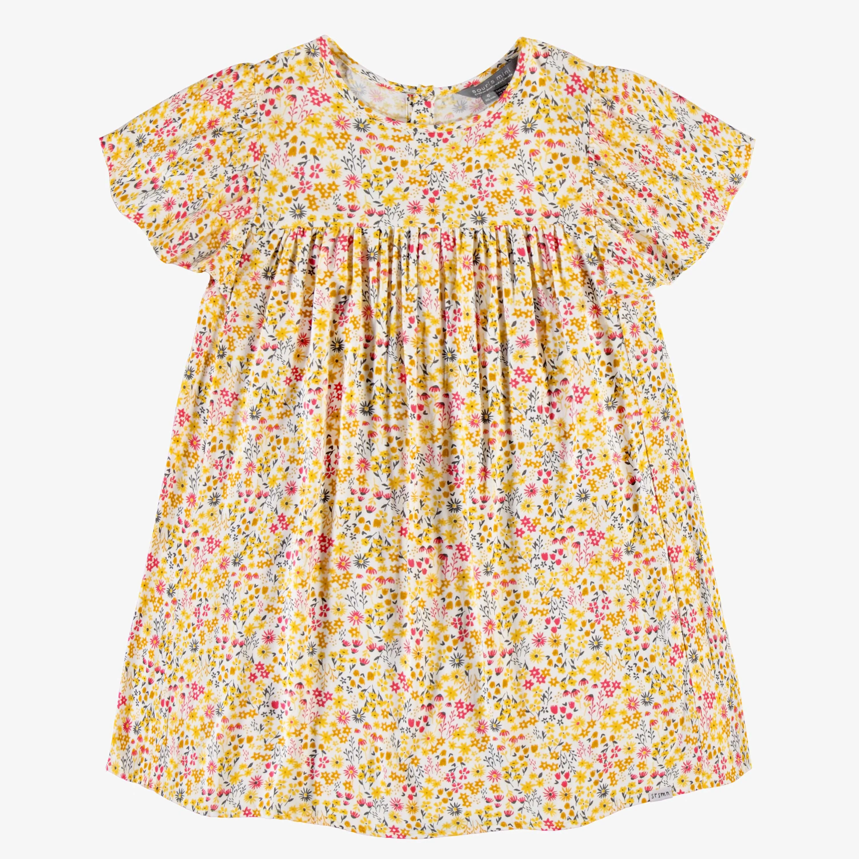 Robe évasée à manches courtes jaune fleurie en viscose, enfant || Yellow flowery dress with short sleeves in viscose, child