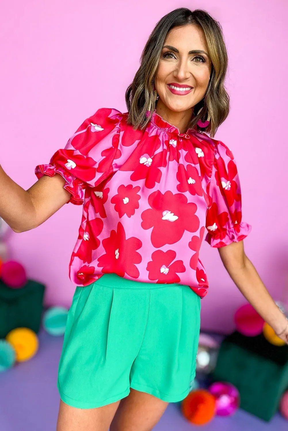 Rose Floral Puff Sleeve Frill Neckline Blouse
