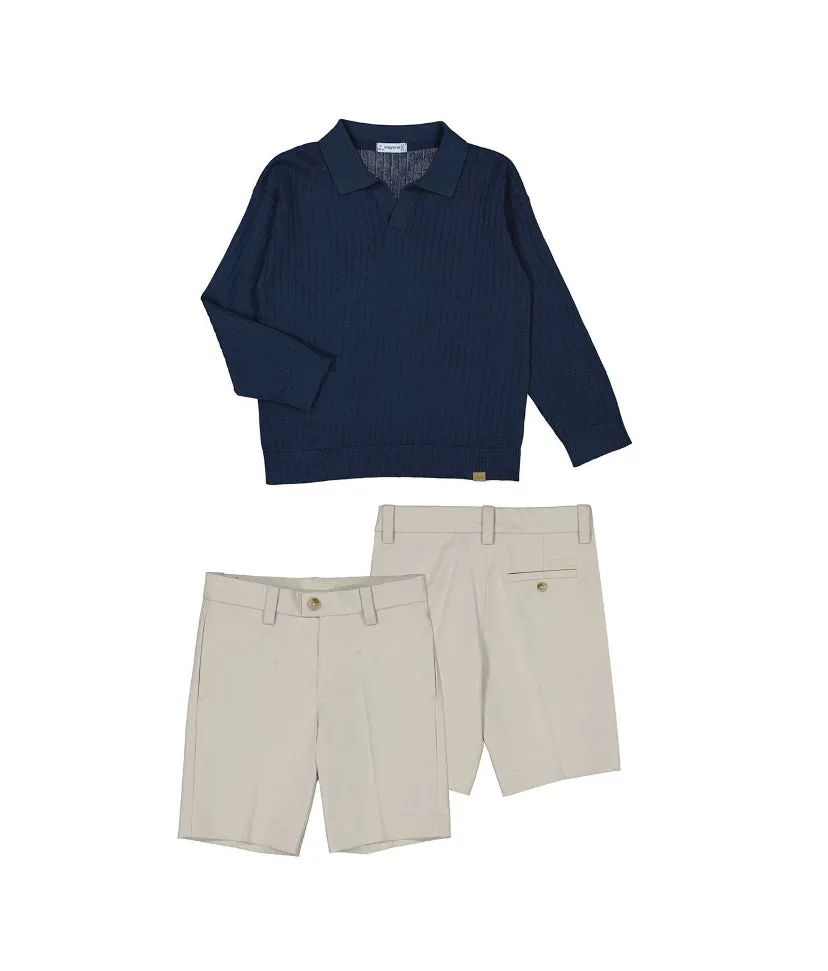 SS25 Mayoral - Navy Long Sleeve Sweater and Stone Bermudan Short Set