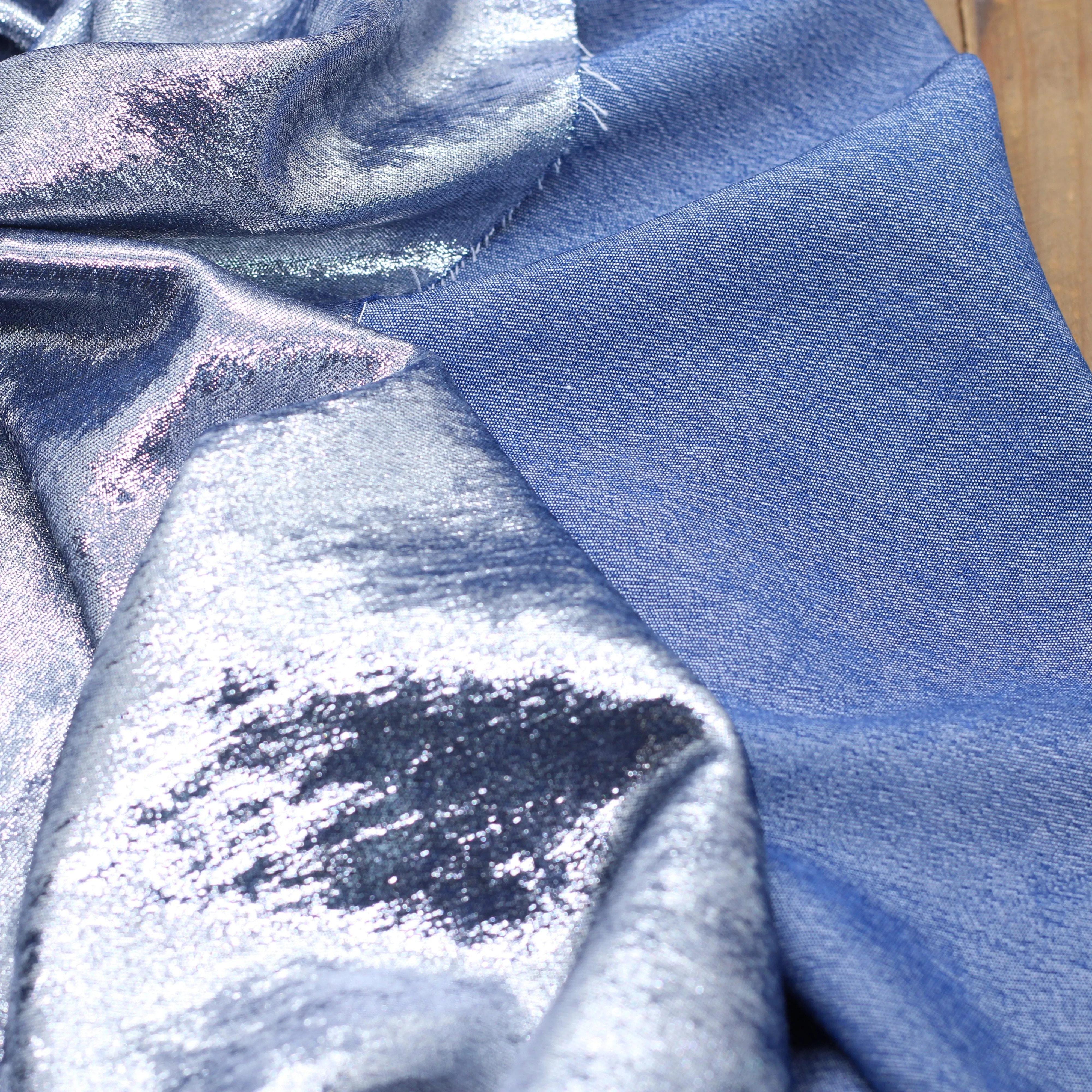 Tissu Satin denim irisé- Bleu/Argent (Vendu x10cm)