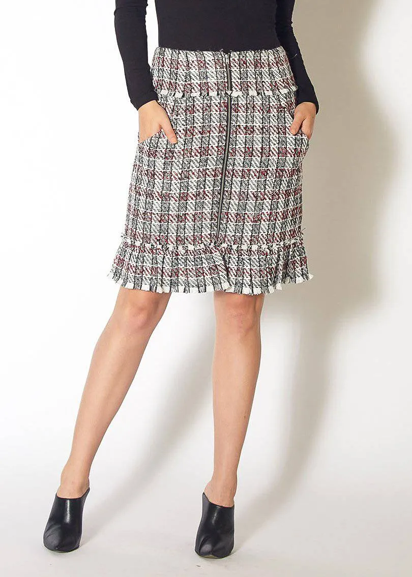 Women's Plaid Tweed Zipper Front Skirt in Black Red Tweed